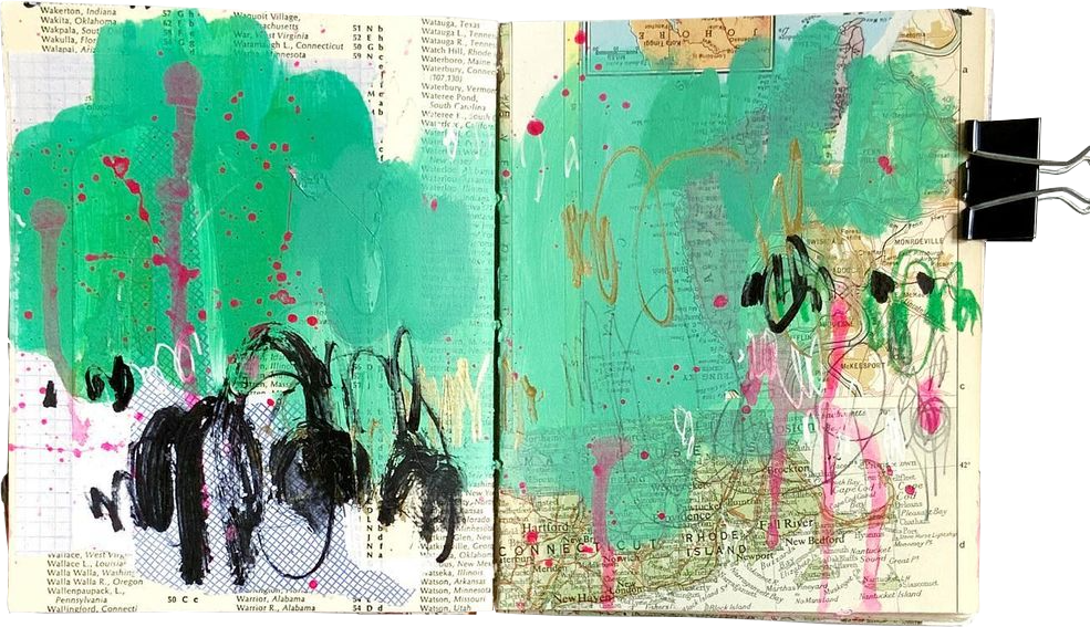 Ingrid Murray mixed media art journal with a collaged background of maps and papers, teal acrylic paint, and pink, gold, and black scribbles and drips.