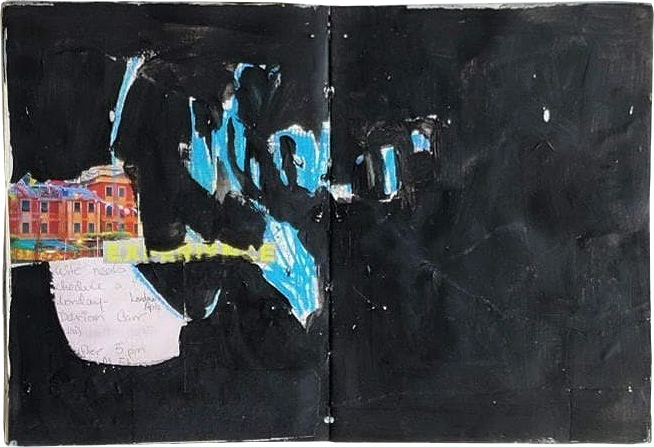 Ingrid Murray mixed media art journal almost completely covered in black acrylic. On the left, there's a pink handwritten note and a partial image of a house, and blue scribbles.