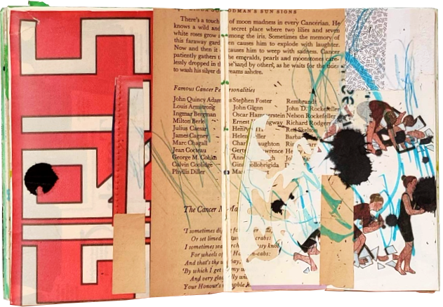 Ingrid Murray mixed media art journal with mostly neutral brown collage and big red text that says "GIRLS" in all caps. On top, there's blue scribble and black drips.