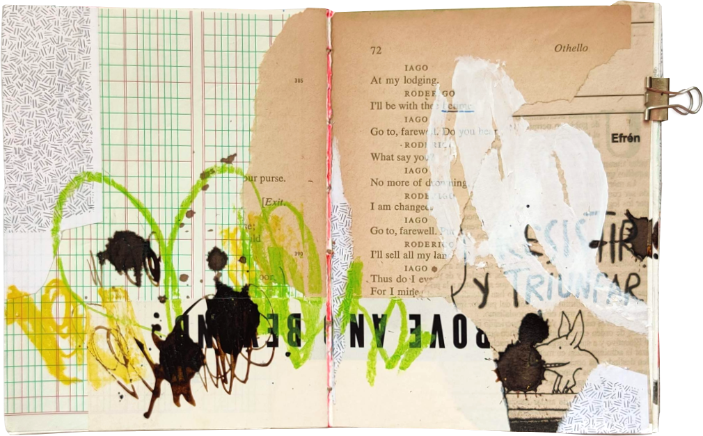 Ingrid Murray mixed media art journal with neutral brown and light green collage and white, dark brown, lime green, and yellow scribbles and splotches.