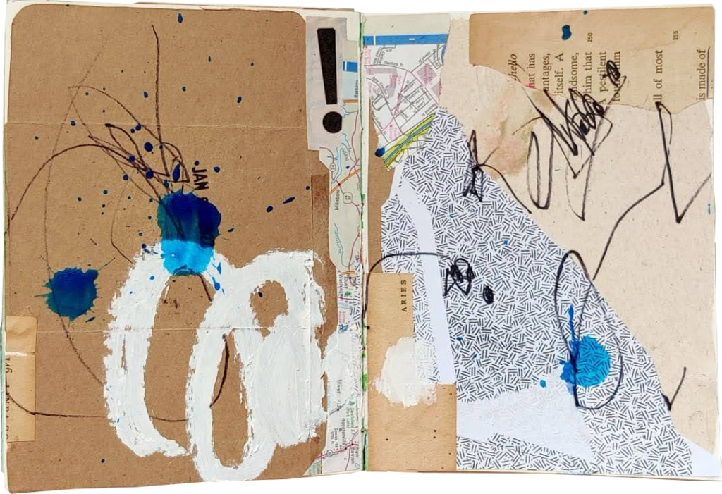 Ingrid Murray mixed media art journal with neutral brown collage and white, black, and blue scribbles and drips.